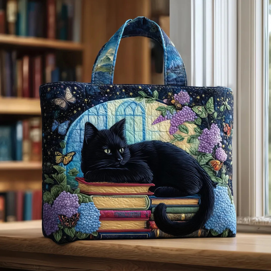 Artisanal Tote Bag - Black Cat on Books