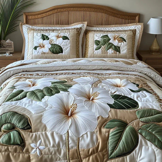 3-Piece Quilt Set - White Hibiscus