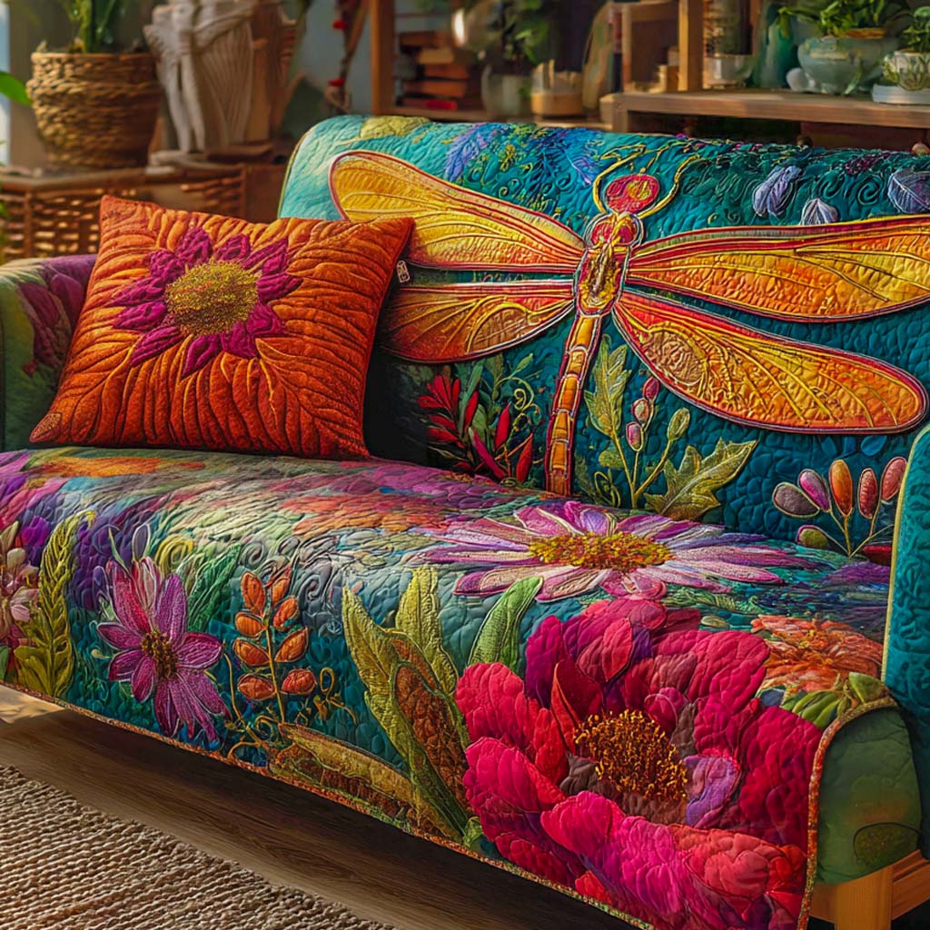 Aliza - Quilted Sofa Cover Dragonflies