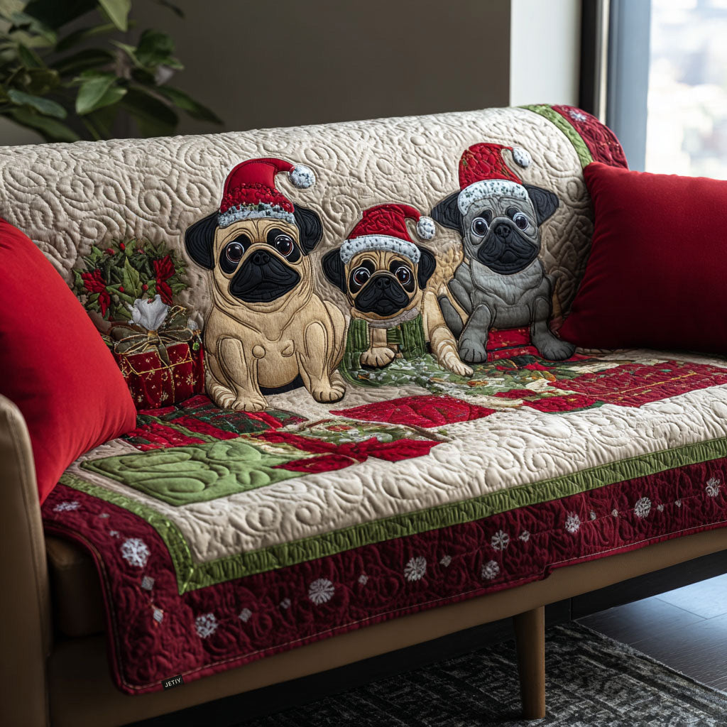 Augusta - Quilted Sofa Cover Trio of Pugs Festive