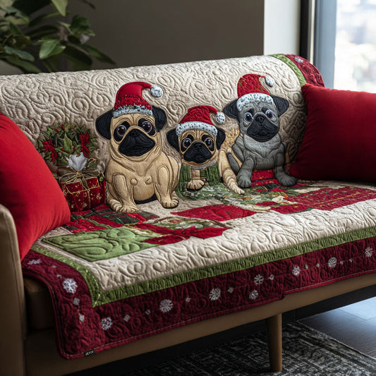 Augusta - Quilted Sofa Cover Trio of Pugs Festive