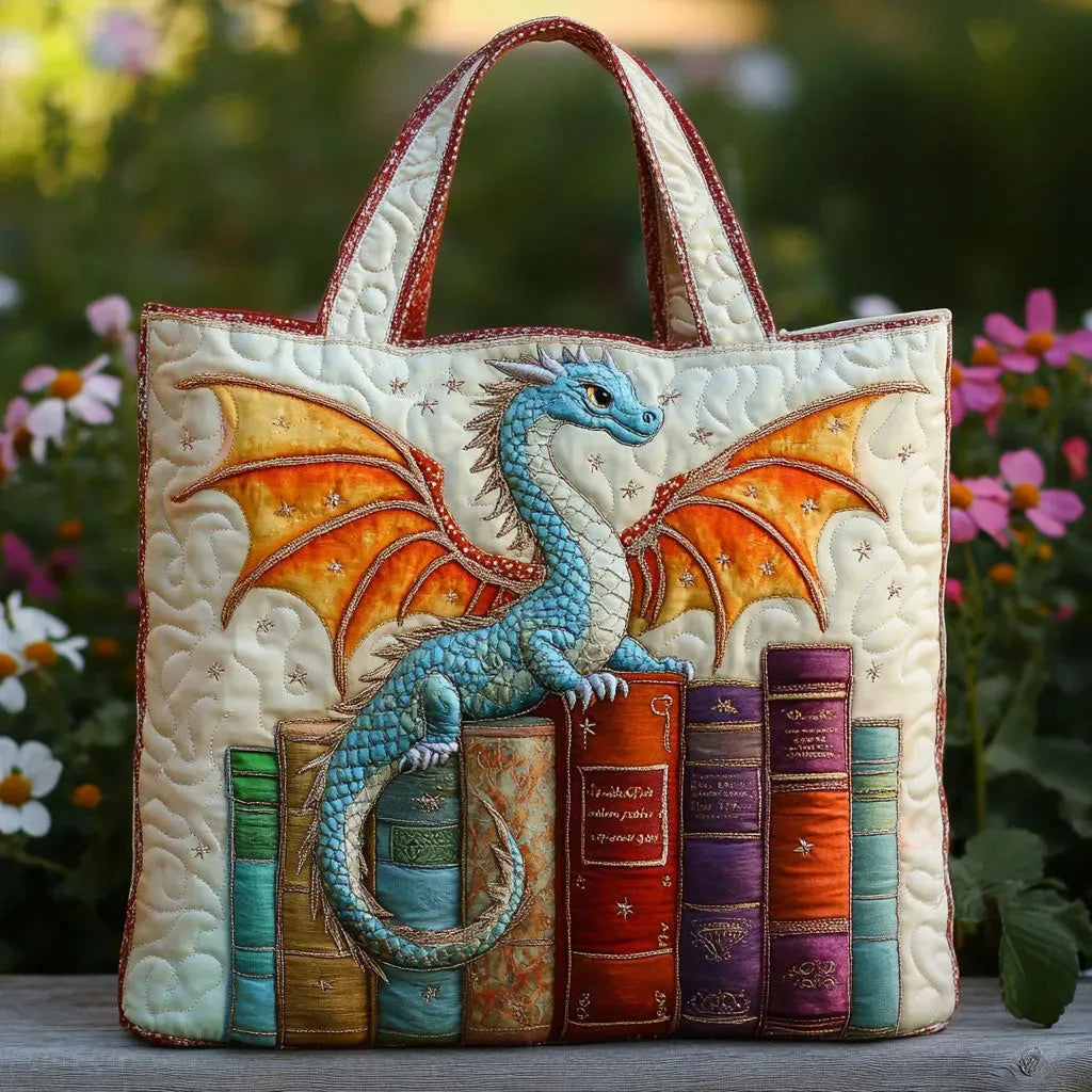 Quilted Tote Bag - Emerald Book Dragon