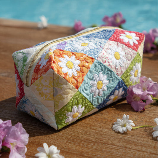 Nadia - Quilted Toiletry Bag - Embroidered Flower Pattern
