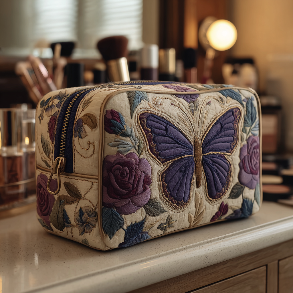 Bo - Quilted Toiletry Bag - Embroidered Butterflies and Flowers