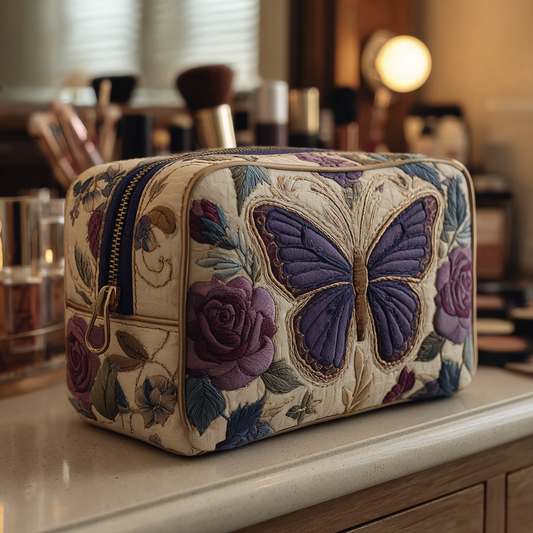 Bo - Quilted Toiletry Bag - Embroidered Butterflies and Flowers