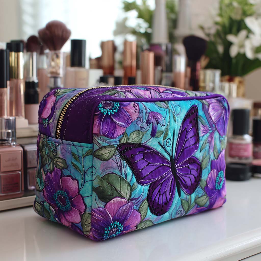 Amber - Quilted Toiletry Bag - Embroidered Butterflies and Flowers