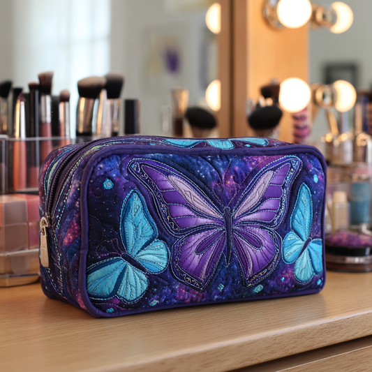 Zoë - Quilted Toiletry Bag - Embroidered Butterflies in Grass