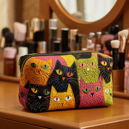Anna - Quilted Toiletry Bag - Cat Pattern in Garden
