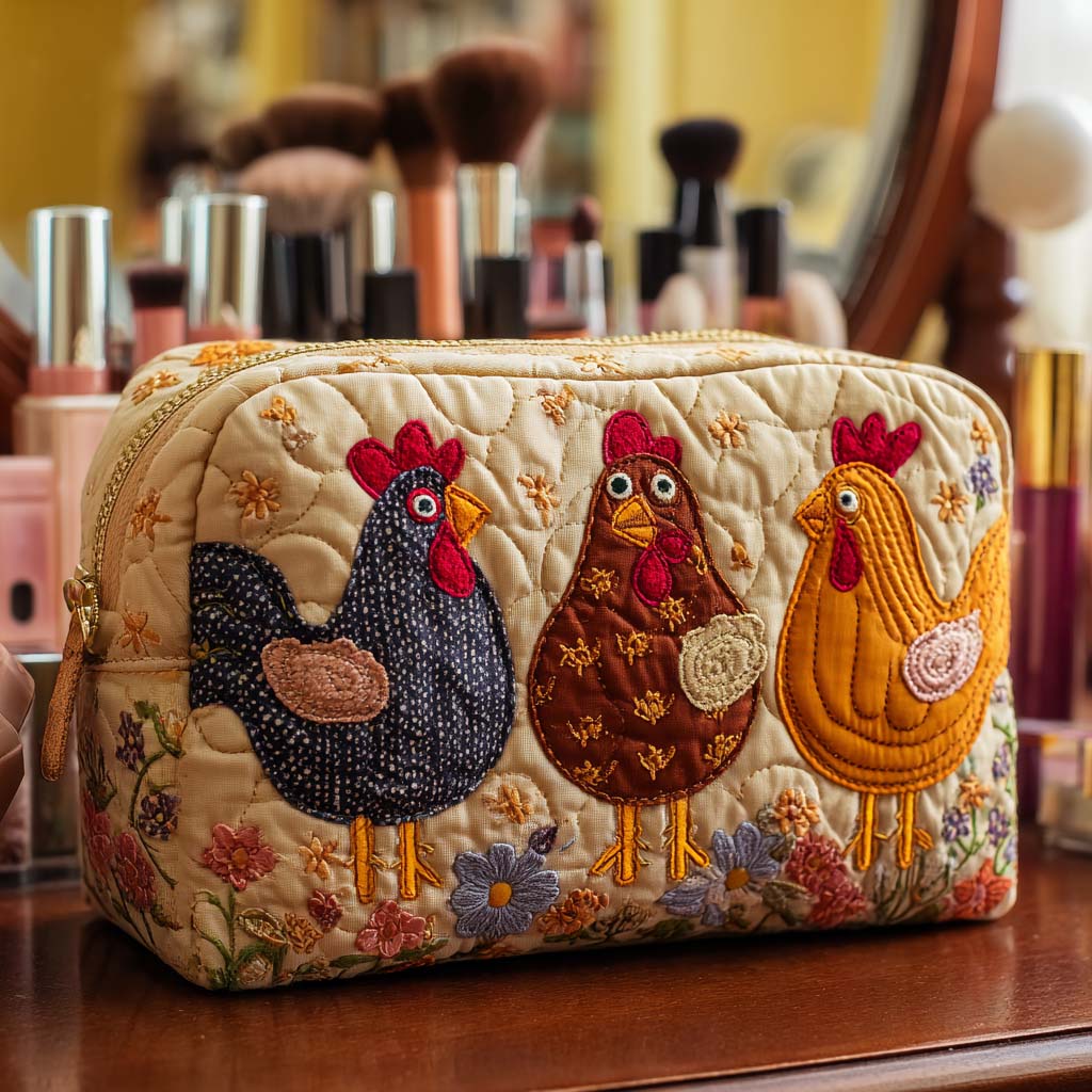 Wendy - Quilted Toiletry Bag - Decorative Chicken