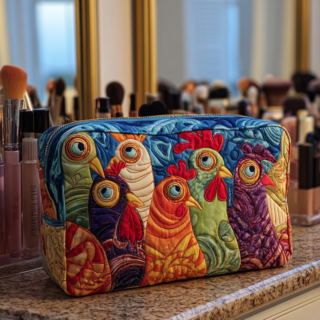 Eline - Quilted Toiletry Bag - Embroidered Chickens in Garden