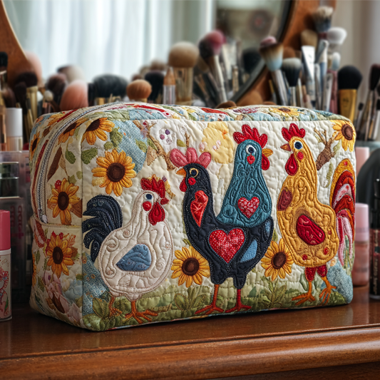 Femke - Quilted Toiletry Bag - Chickens Among Trees