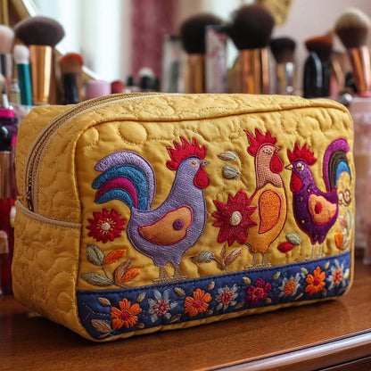 Vokje - Quilted Toiletry Bag - Embroidered Chickens in Garden