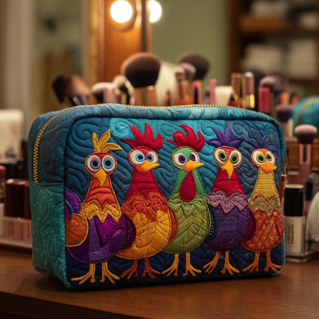 Anouk - Quilted Toiletry Bag - Chicken and Hearts Pattern