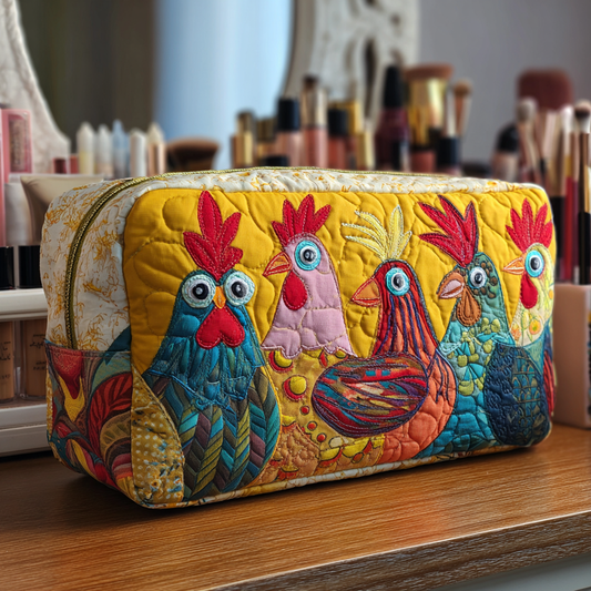 Wobbina - Quilted Toiletry Bag - Embroidered Chickens in Grass