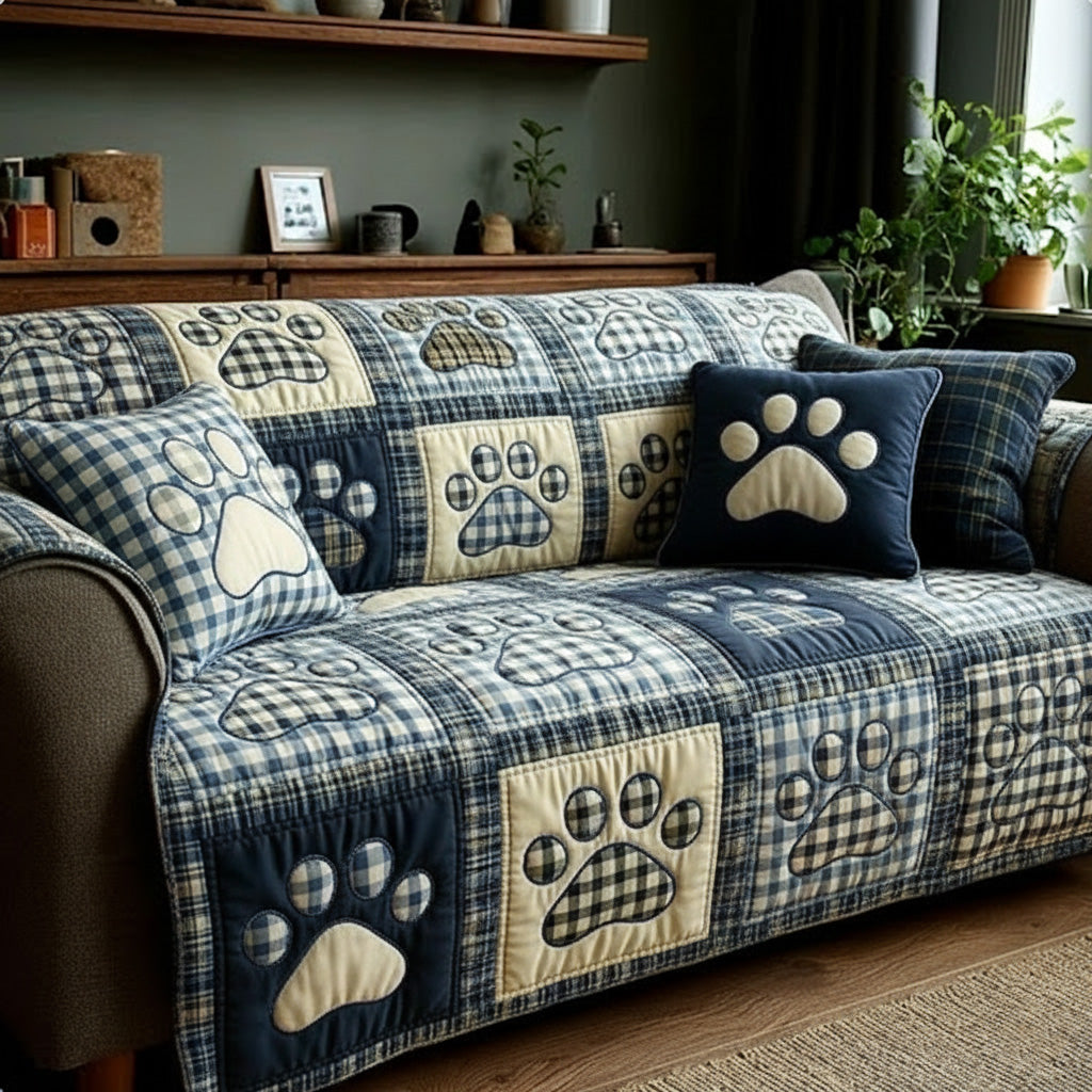 Consuelo - Quilted Sofa Cover Checkered Blue with Legs and Heart