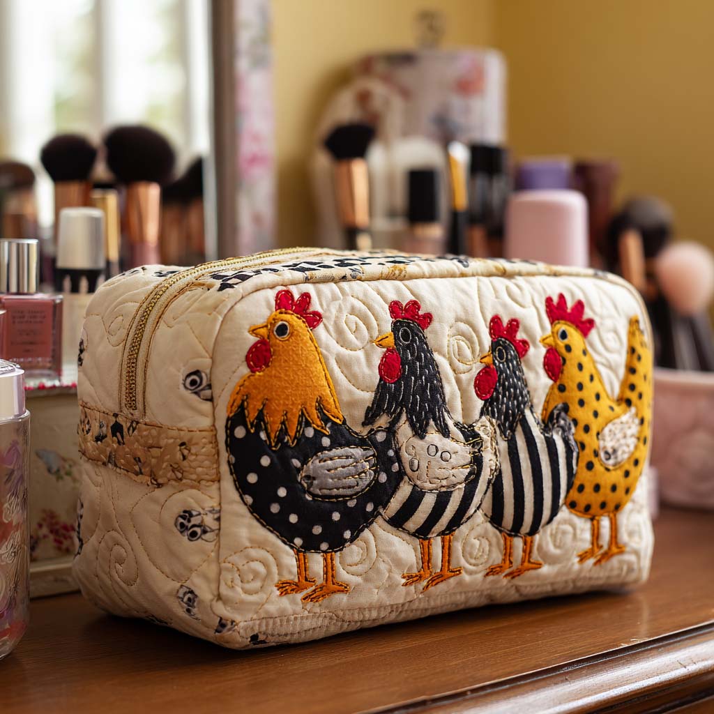 Coralie - Quilted Toiletry Bag - Cute Chicken