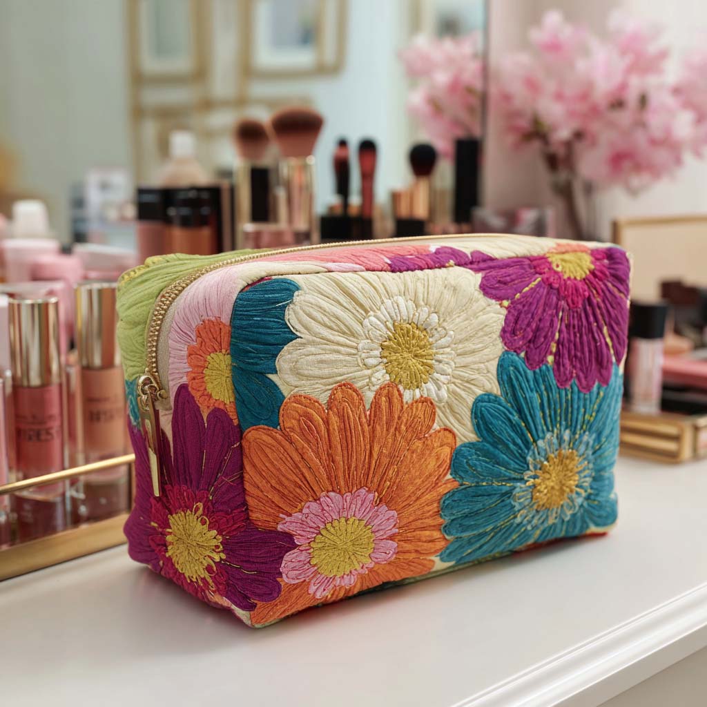 Francina - Quilted Toiletry Bag - Embroidered Daisies