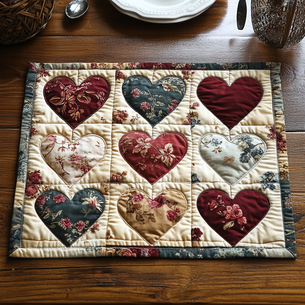 Eartha - Quilted Placemat - Blooming Hearts