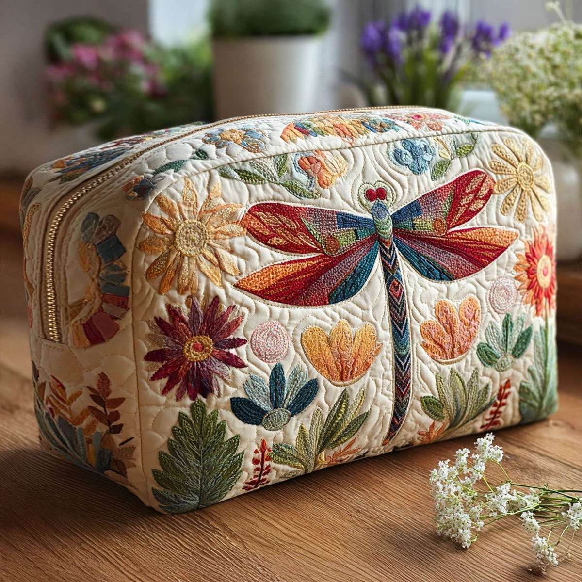 Etta - Quilted Toiletry Bag - Quilted Dragonfly in Sky Blue