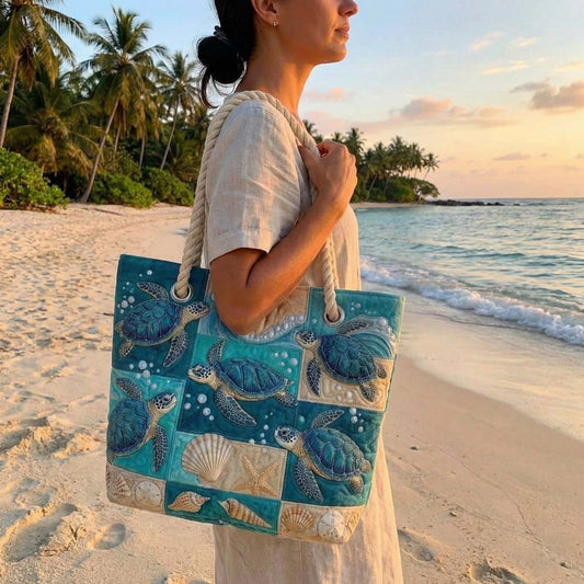 Handmade Beach Bag - Turtles and Shells Patchwork
