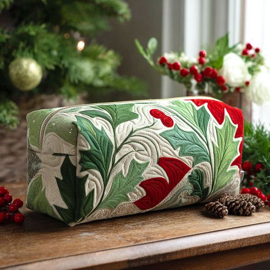 Monique - Quilted Toiletry Bag - Embroidered Holly Motif