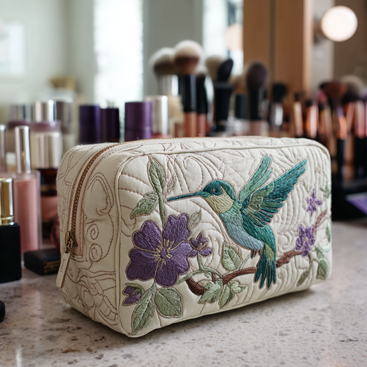 Nathalie - Quilted Toiletry Bag - Hummingbirds and Flowers