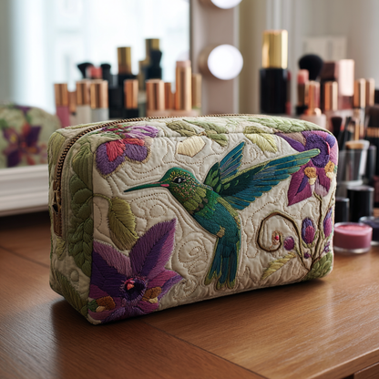 Angela - Quilted Toiletry Bag - Embroidered Hummingbird Garden