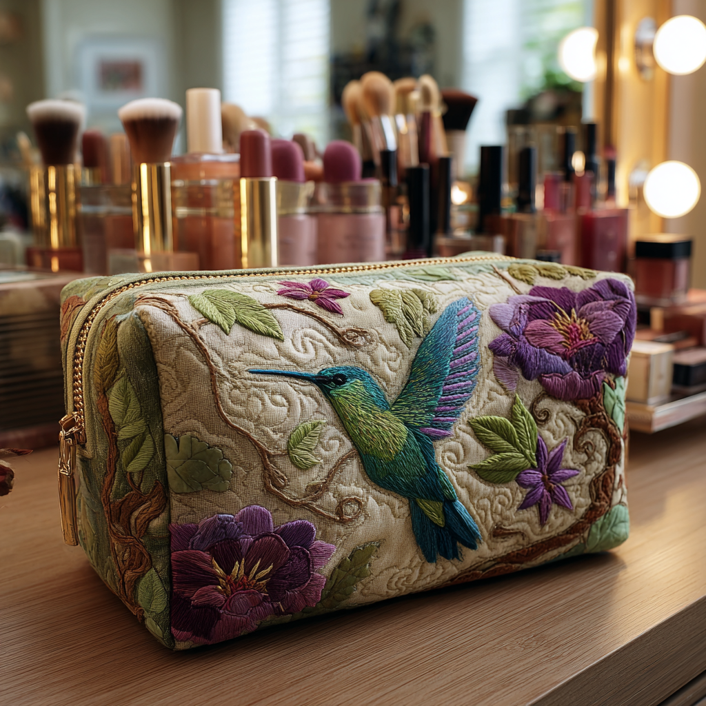 Kirsten - Quilted Toiletry Bag - Colorful Hummingbird