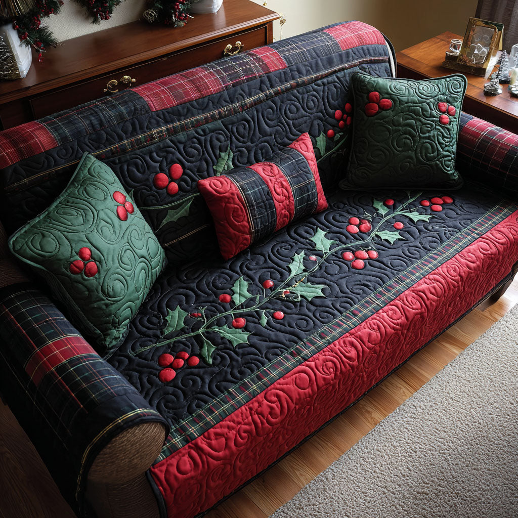 Jovie - Quilted Sofa Cover Holly Christmas