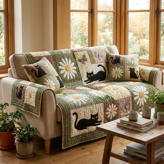 Lacie - Quilted Sofa Cover Cat and Flowers