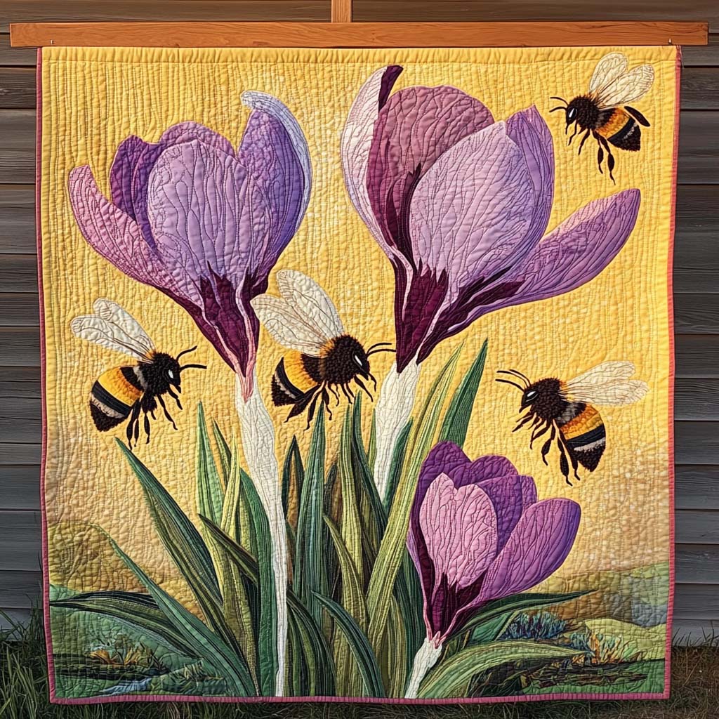 Lavinia - Textile Wall Art - Bumblebees and Crocuses