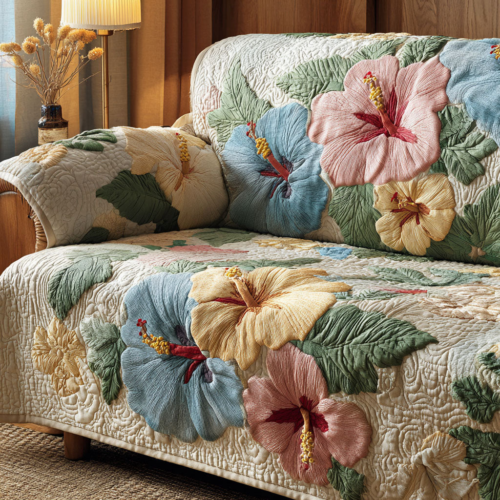 Lourdes - Quilted Sofa Cover Hibiscus