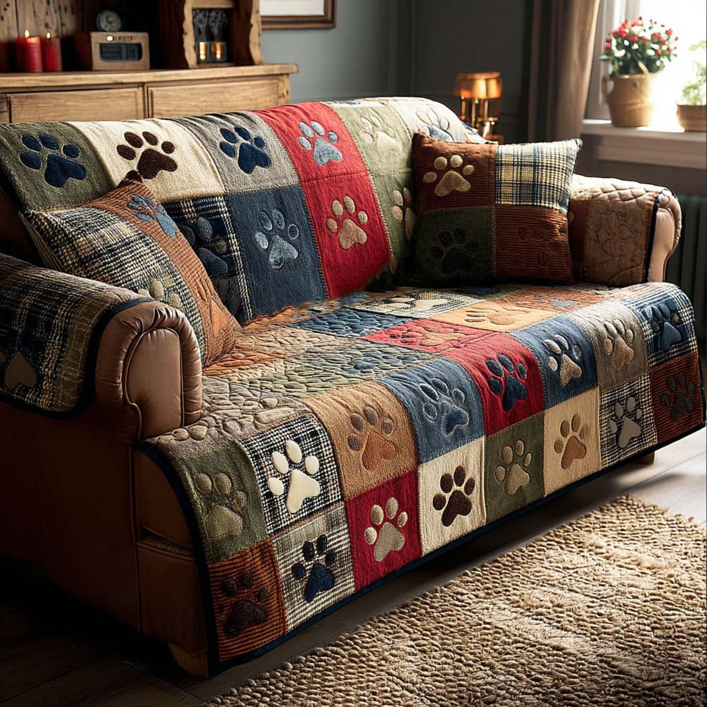 Lucinda - Quilted Sofa Cover Paw Prints Cheerful