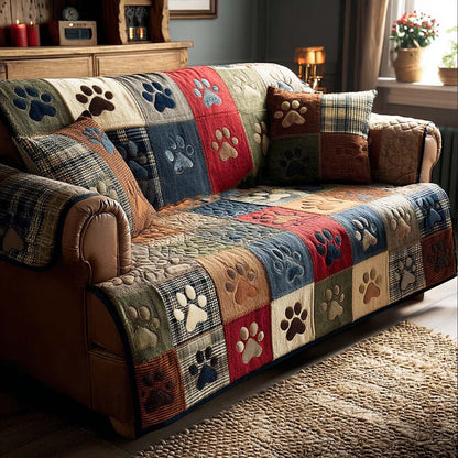 Lucinda - Quilted Sofa Cover Paw Prints Cheerful