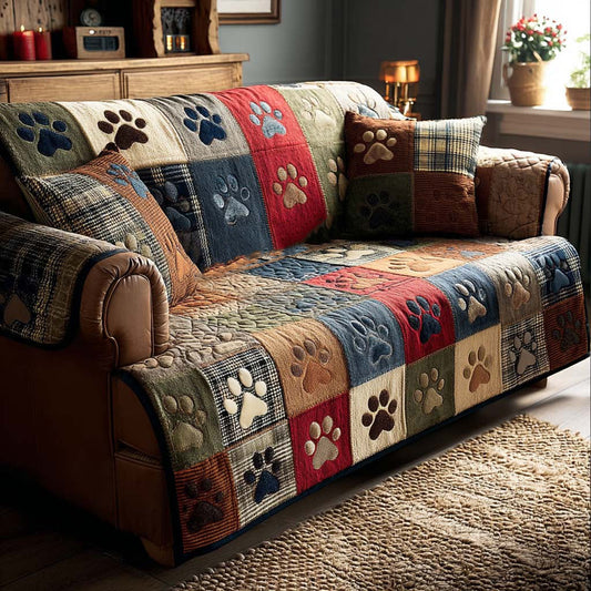 Lucinda - Quilted Sofa Cover Paw Prints Cheerful