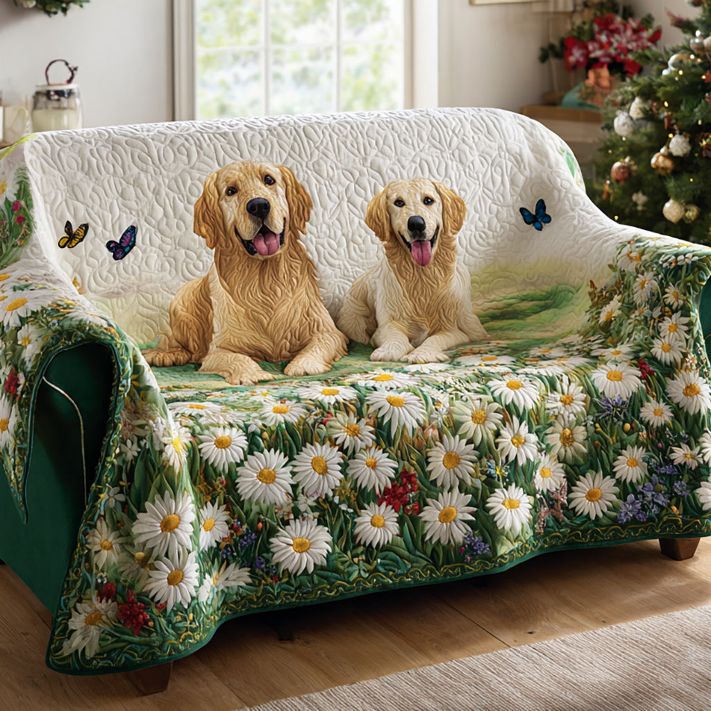Maude - Quilted Sofa Cover Golden Retriever and Daisies