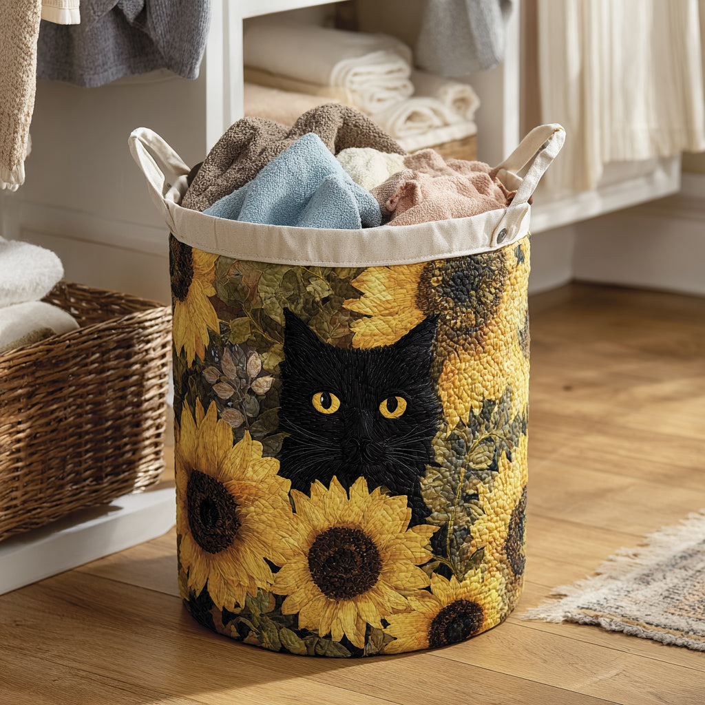 Quilted Laundry Basket - Black Cat and Sunflower
