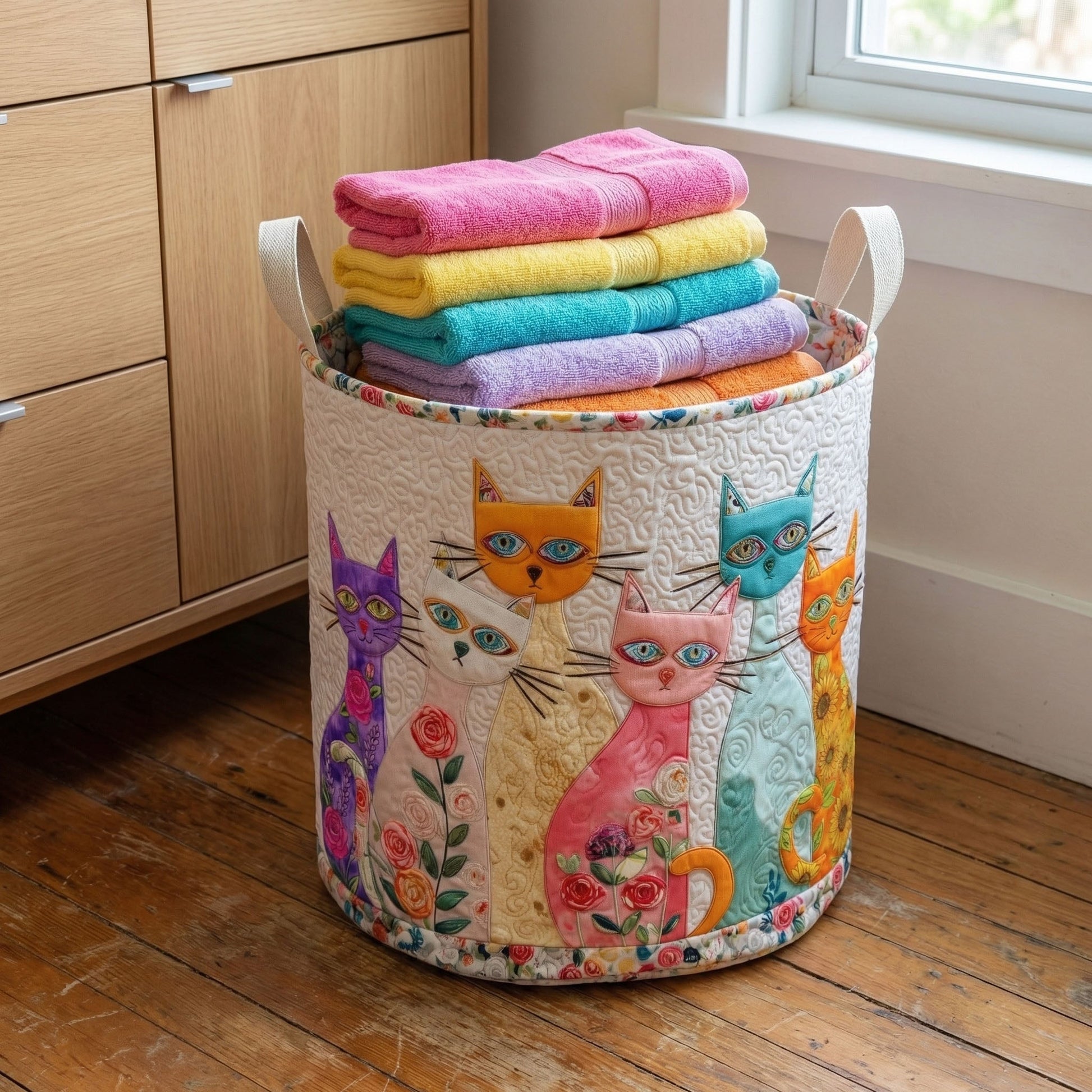 Quilted Laundry Basket - Cheerful Cat Patch