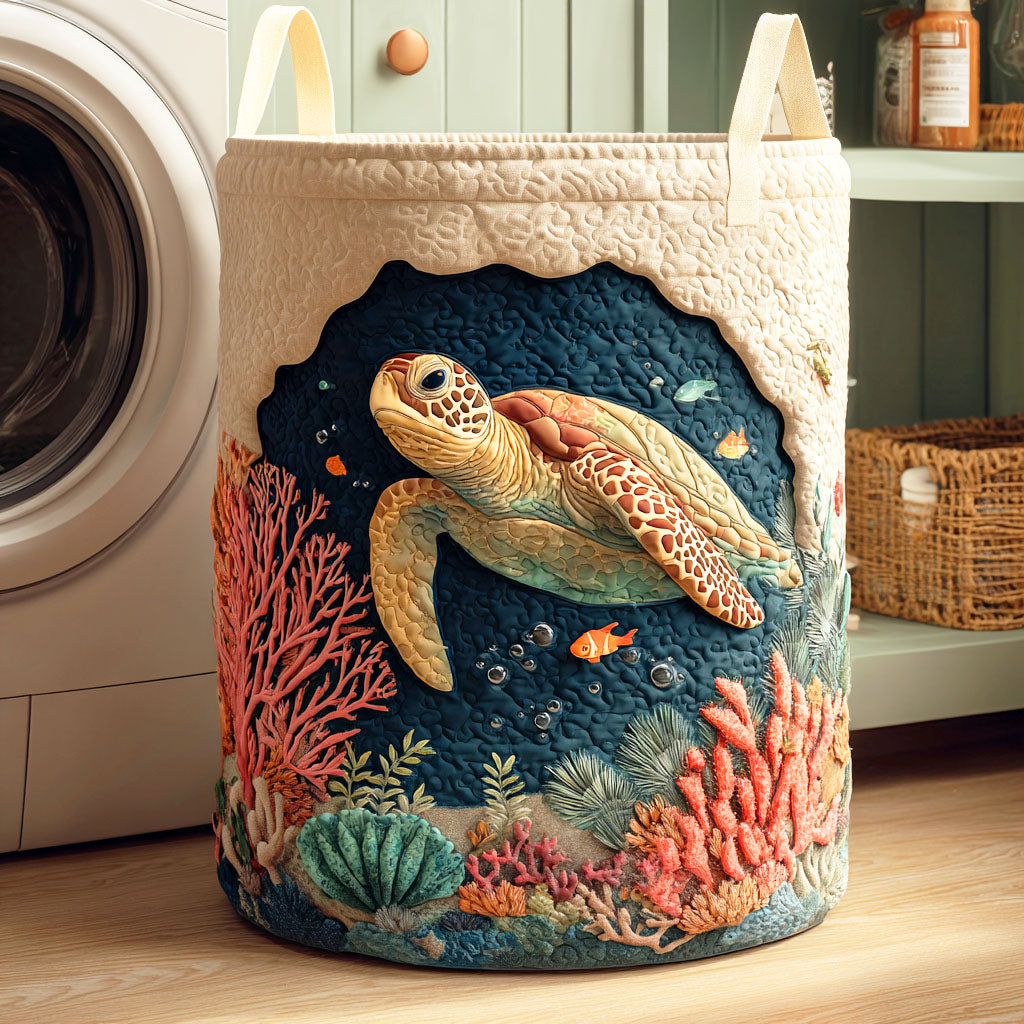 Quilted Laundry Basket - Coral Turtle