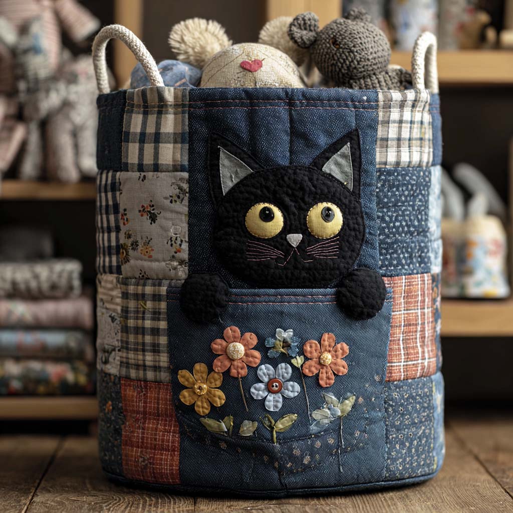 Quilted Laundry Basket - Denim Cat