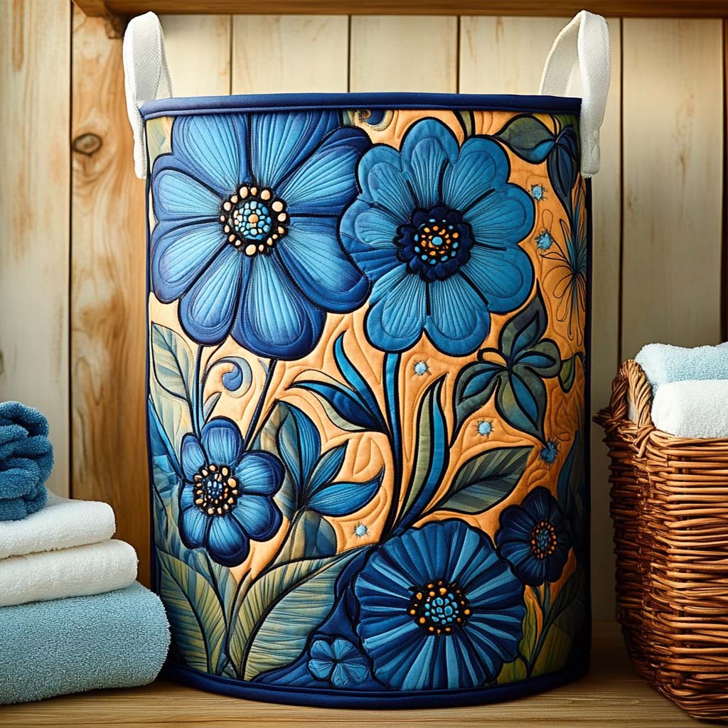 Quilted Laundry Basket - Indigo Flower Harmony