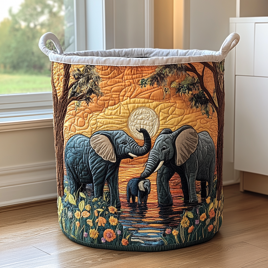 Quilted Laundry Basket - Rustic Elephant