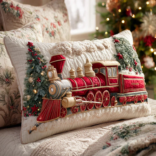 Quilted Pillow Sham - Festive Steam Locomotive