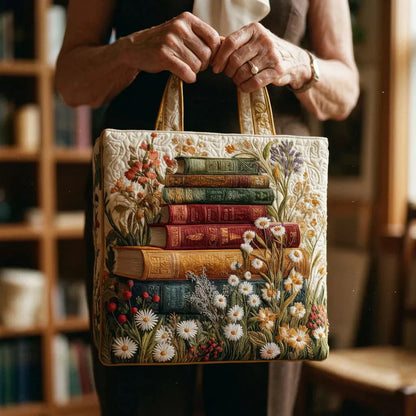 Quilted Tote Bag - Books and Daisies