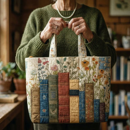 Quilted Tote Bag - Books and Wildflowers