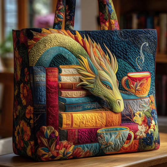Quilted Tote Bag - Dragon Reader with Books