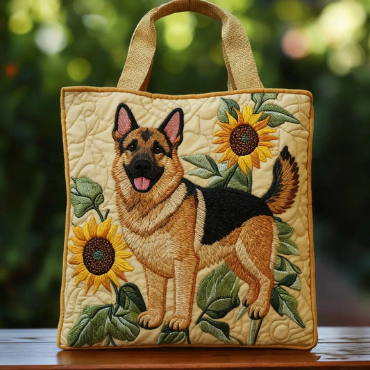 Quilted Tote Bag - German Shepherd with Sunflowers