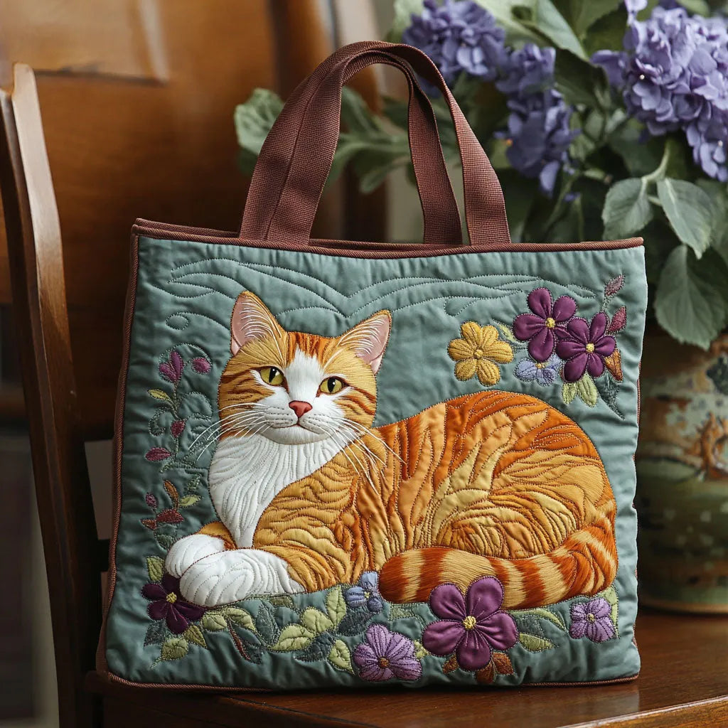 Quilted Tote Bag - Ginger Cat with Flowers