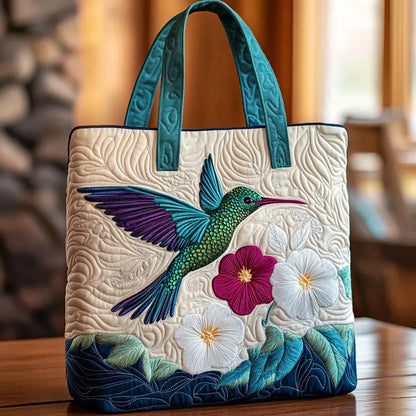 Quilted Tote Bag - Hummingbird and White Flowers
