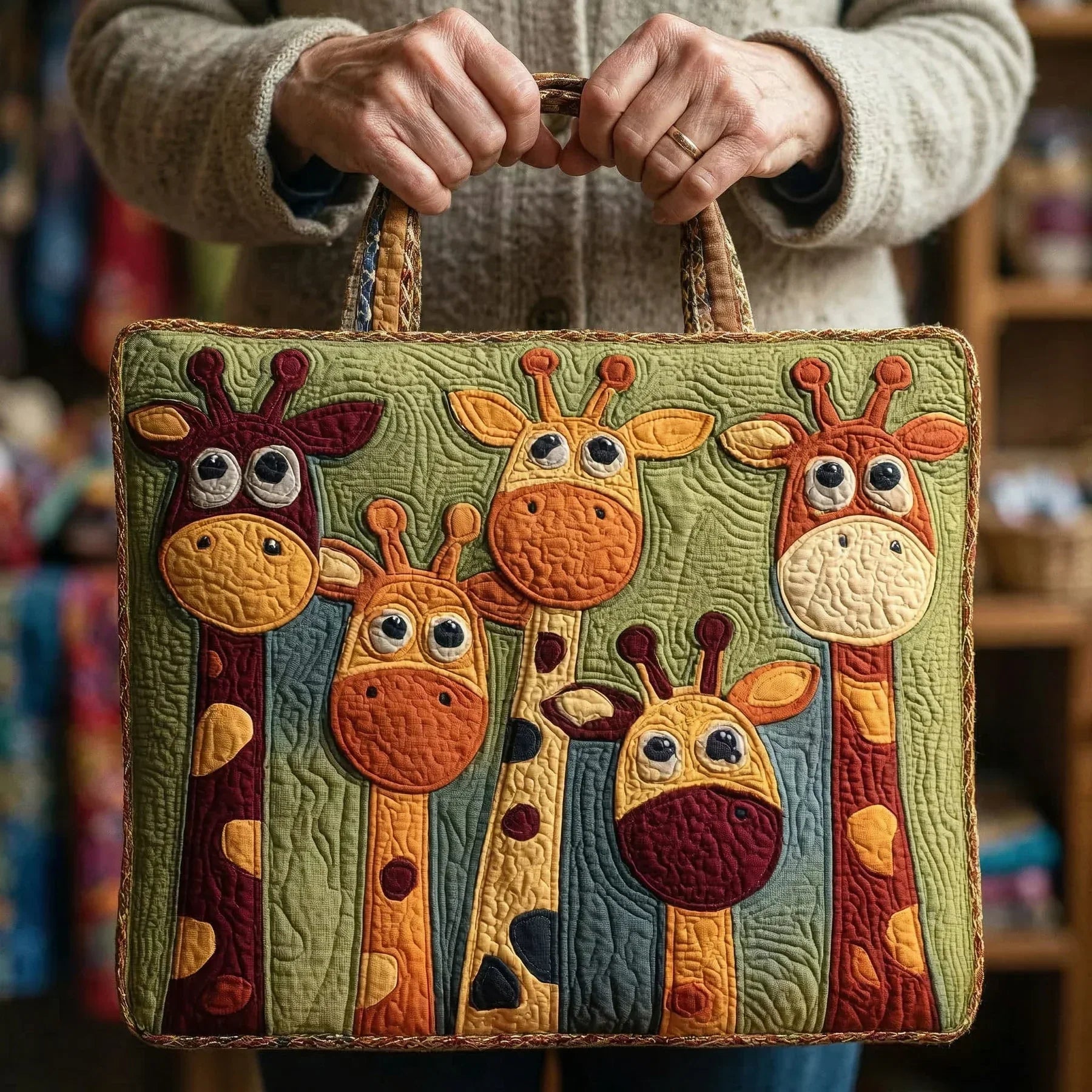Quilted Tote Bag - Playful Giraffes